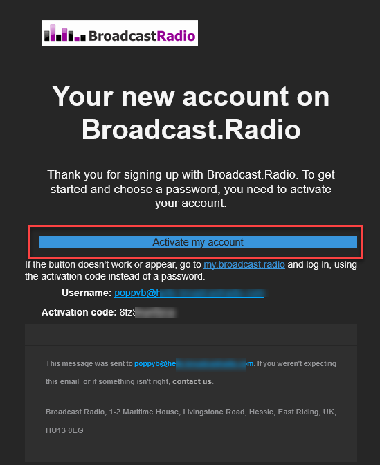 Email from Broadcast.Radio with a link to activate a new account and activation code.