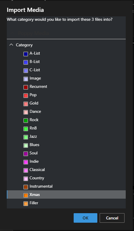 Select Category to import content into.