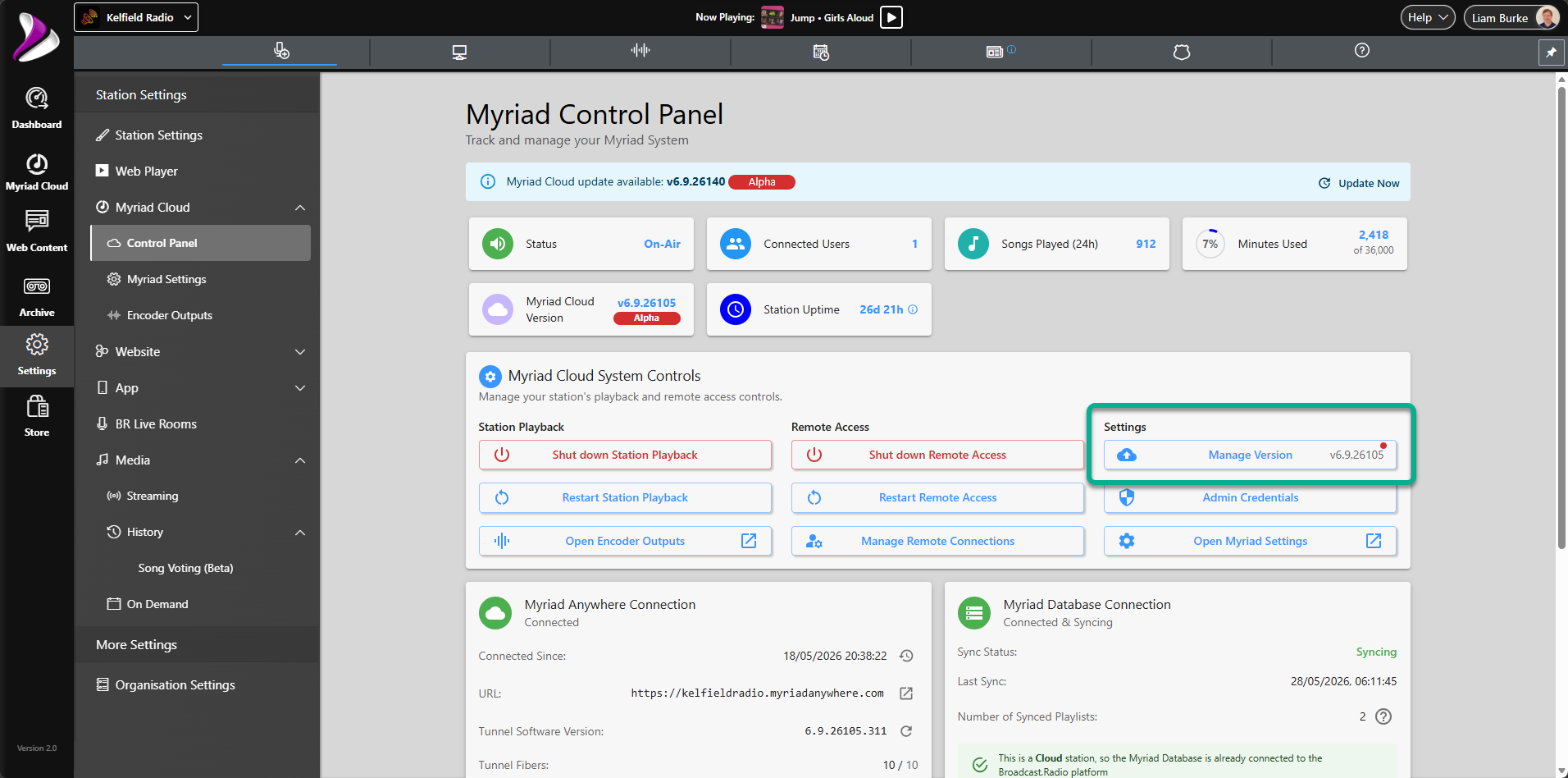Myriad Cloud control panel version control