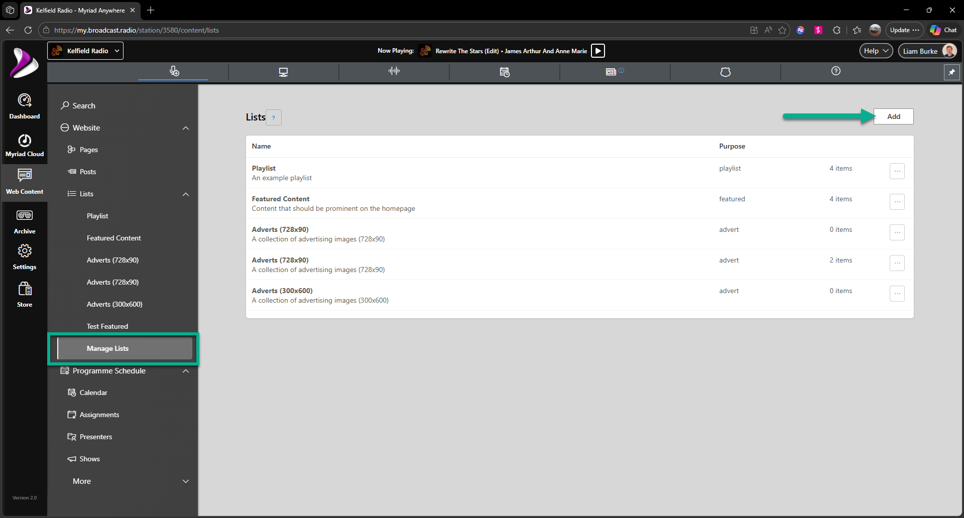 Add a new List to Broadcast.Radio Website CMS
