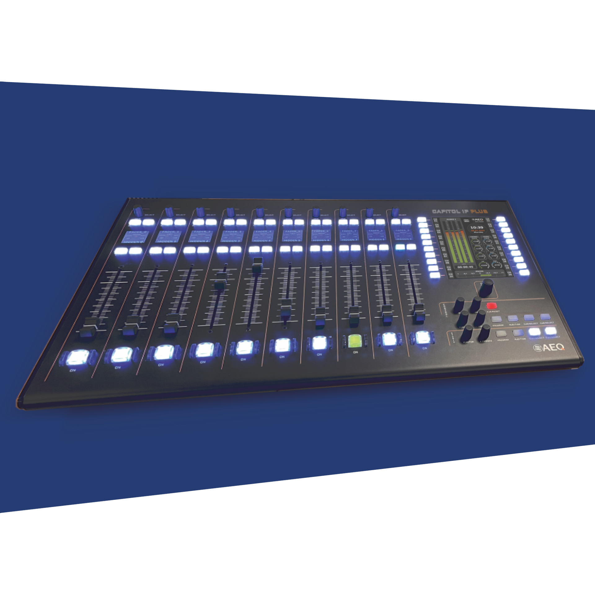 AEQ Capitol Plus broadcast mixing console. Black audio mixing console with illuminated controls against a blue background.