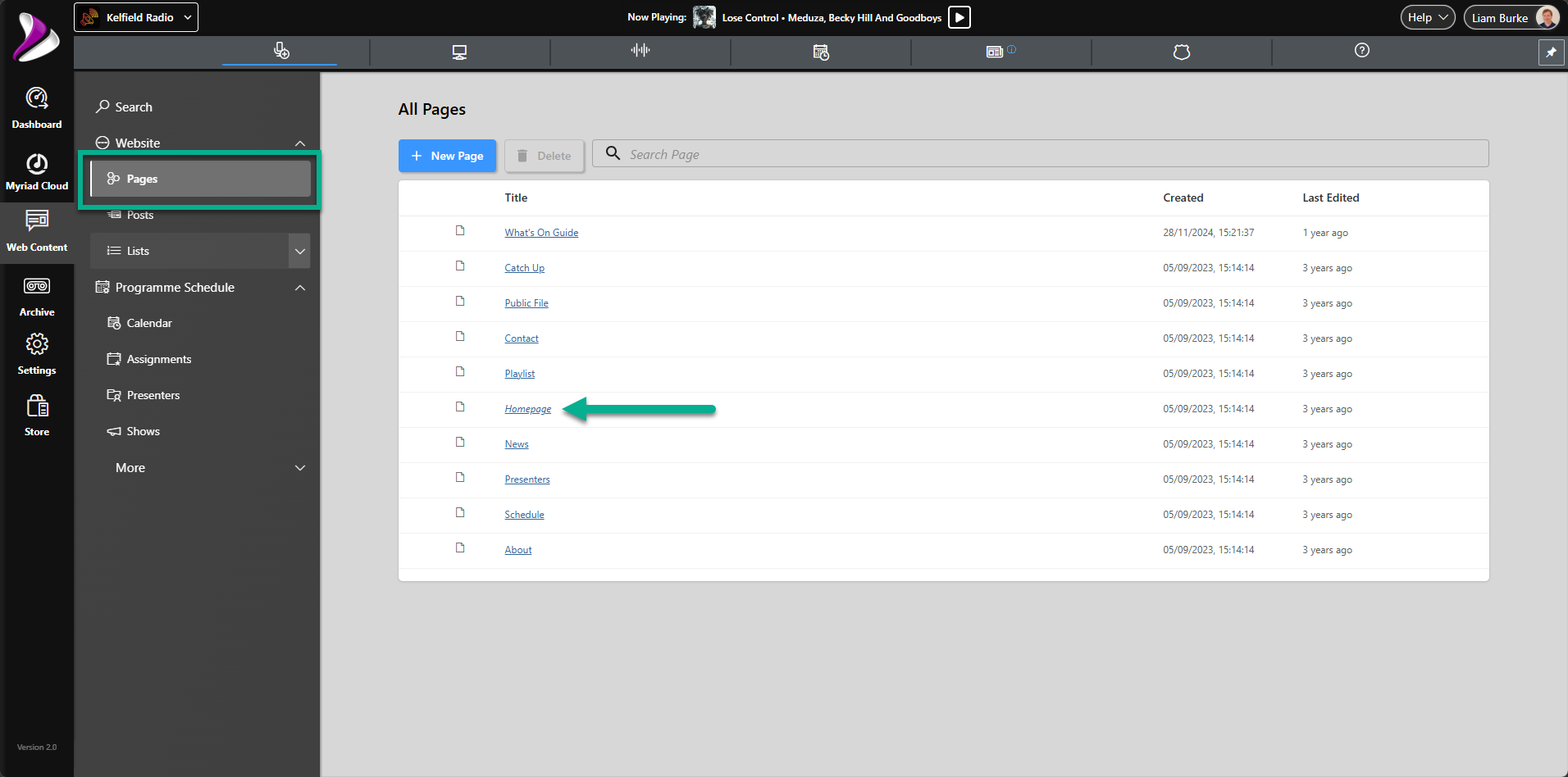 Select Homepage from the list of existing pages