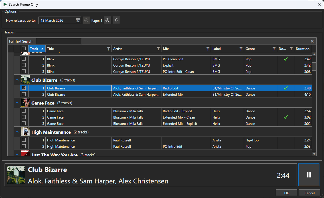 Media player interface showing a list of tracks with