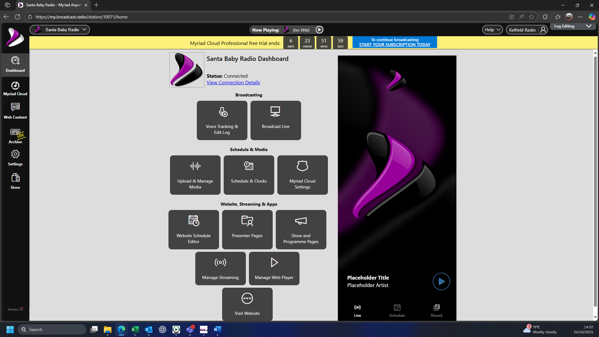 Website interface with logo, menu buttons, and a purple product image. The Broadcast.Radio dashboard page.