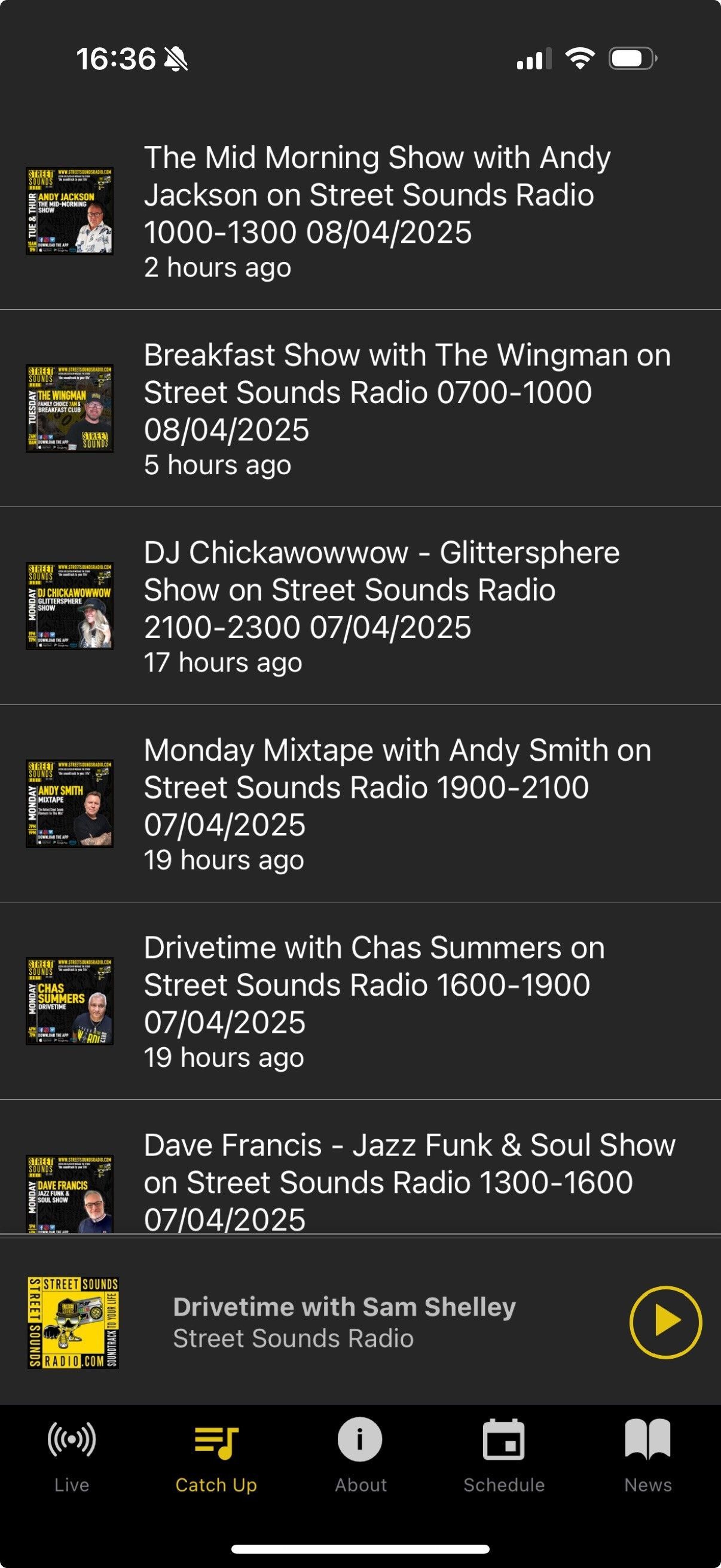 Example of a BR Radio App with the Scheduled Show list selected.