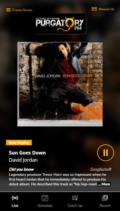 A screenshot of purgatory fm showing a song by david jordan