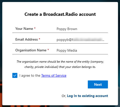 Screenshot of the Broadcast.Radio account creation workflow.