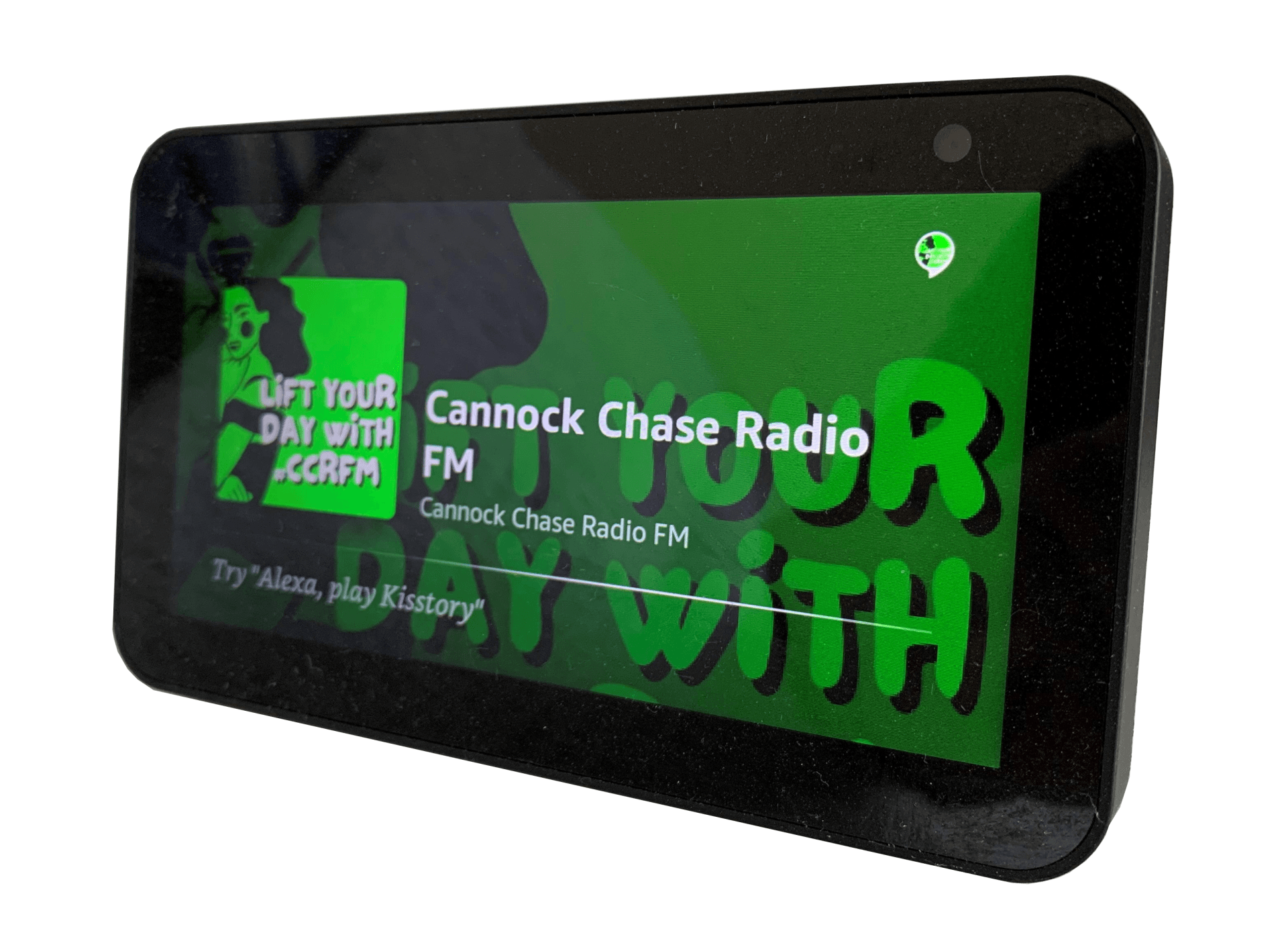 A phone with a green screen that says cannock chase radio