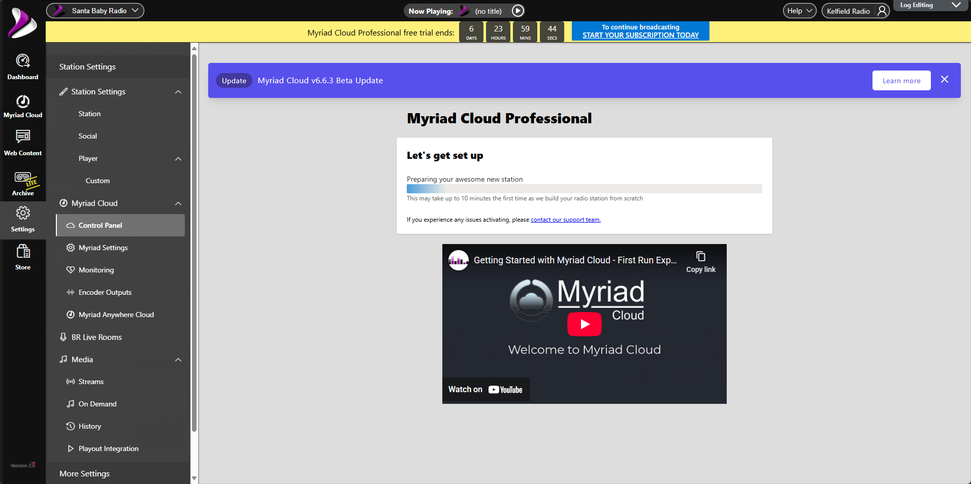 Screenshot of Myriad media cloud interface with navigation sidebar. Station activating.