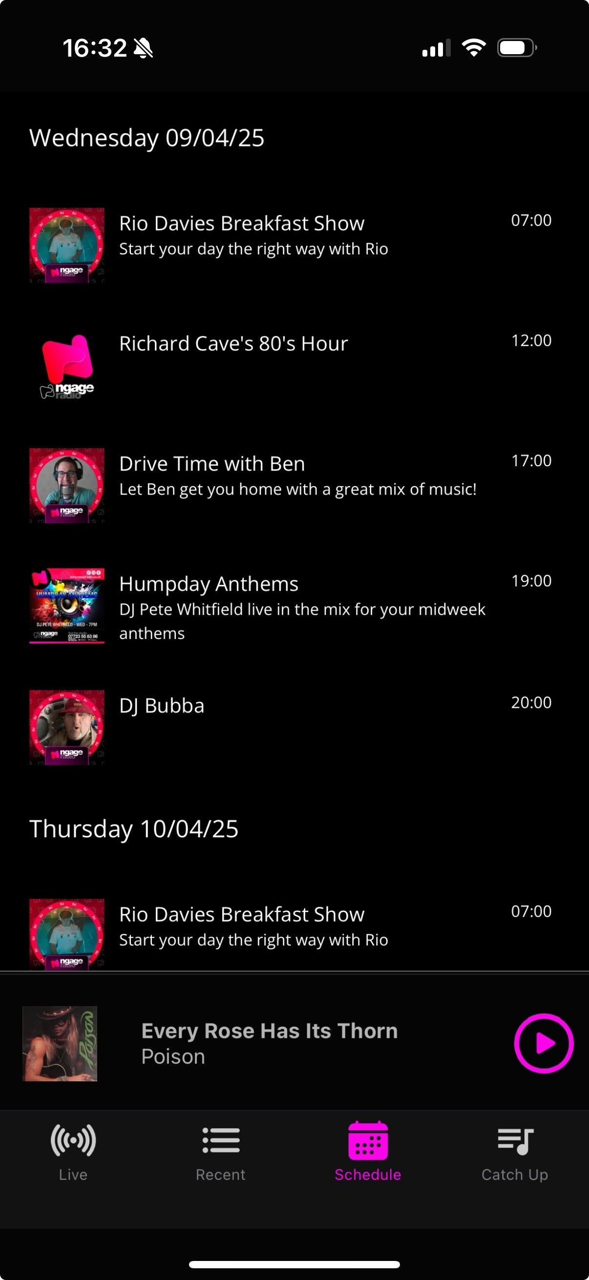 Example of a BR Radio App. Show schedule list.