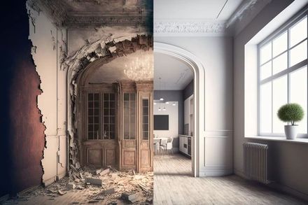 Interni danneggiati accanto a una stanza luminosa e moderna con porta ad arco e grande finestra.