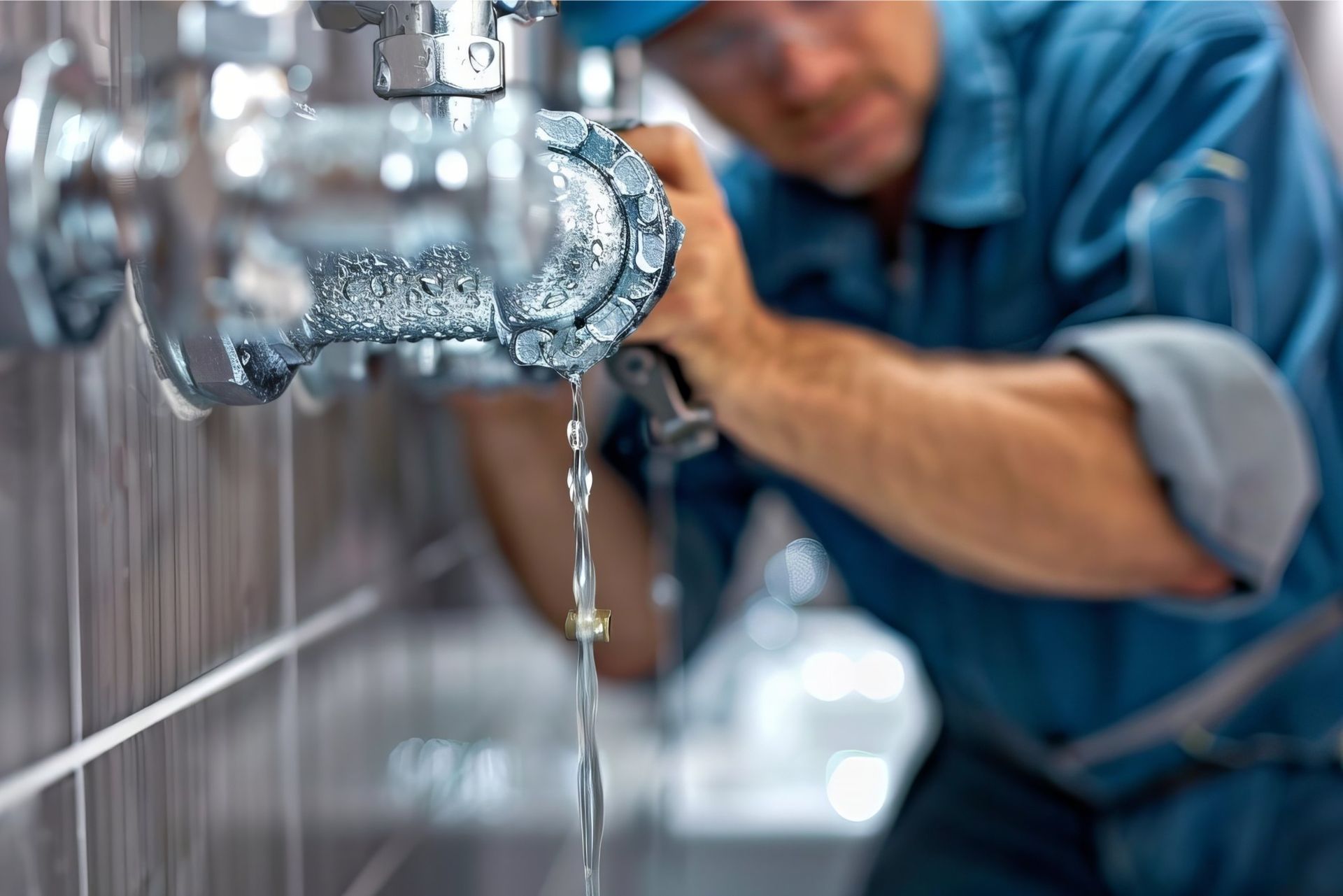 Plumber fixing a leaking pipe, water dripping, wearing safety glasses and a blue uniform.