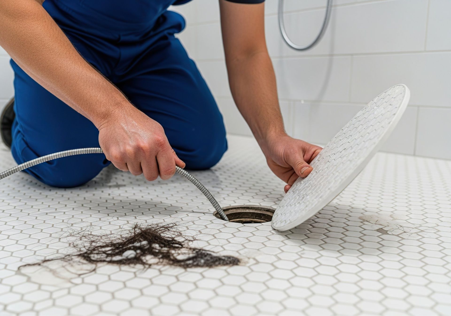 Person unclogging a shower drain with a snake tool, hair and drain cover visible on the tiled floor.