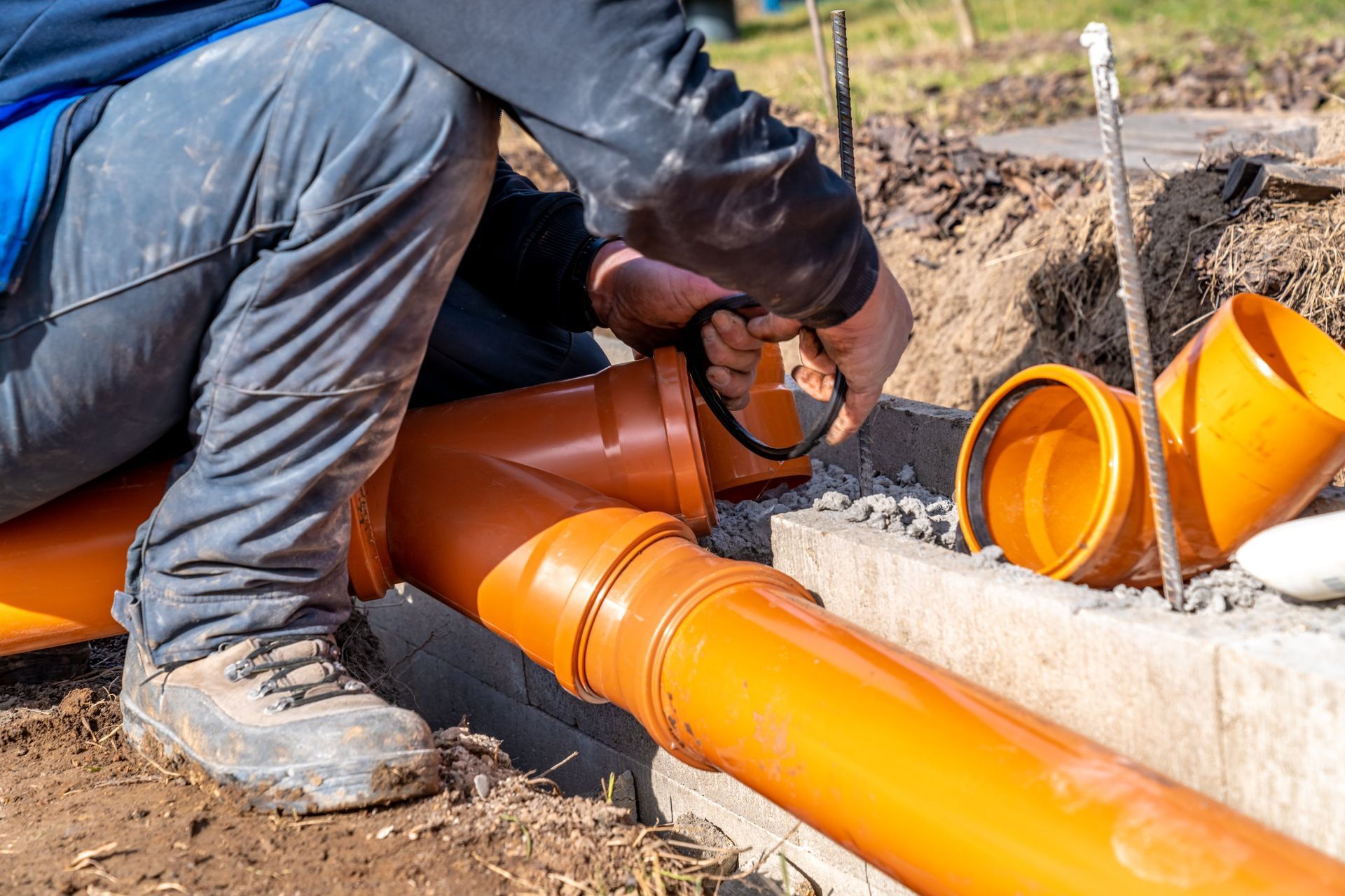 Person connecting orange PVC pipes in an outdoor construction setting.