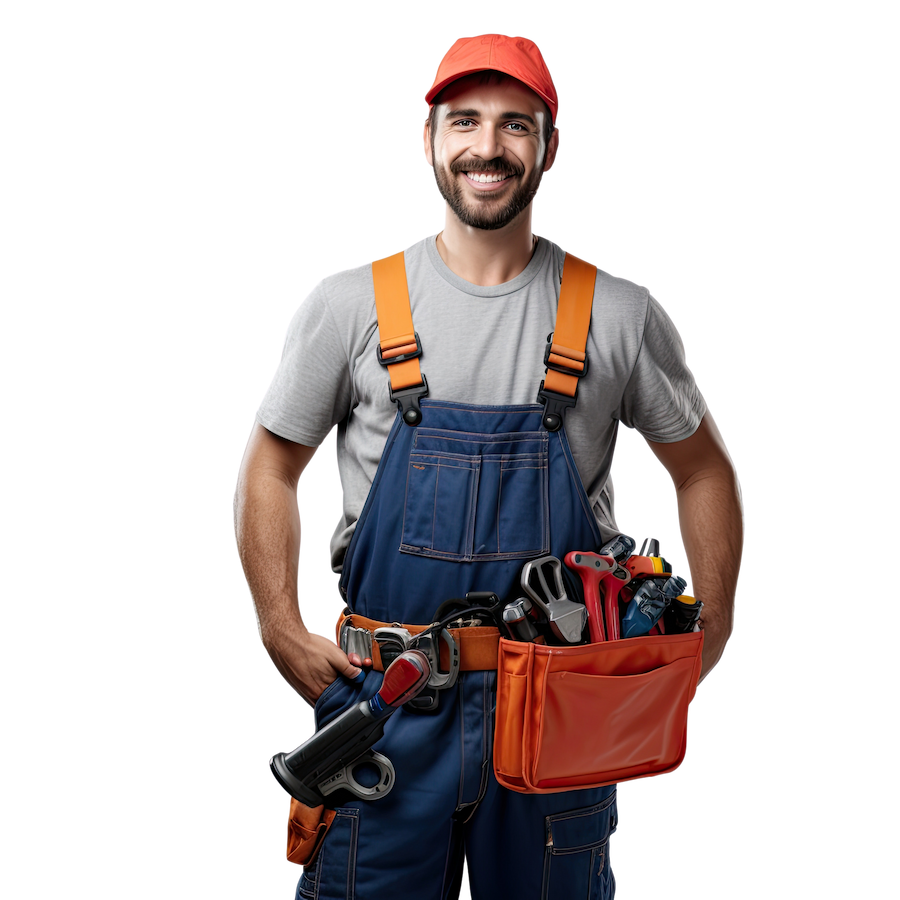 Man in overalls, red cap, smiling, tool belt with tools, white background.
