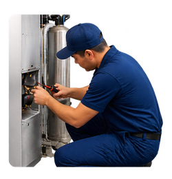 Technician in blue uniform using tools to repair equipment beside a metal tank