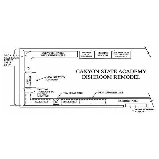 Black-and-white site plan labeled “Canyon State Academy Dischroom Remodel” with tables, sinks, and new seating layouts