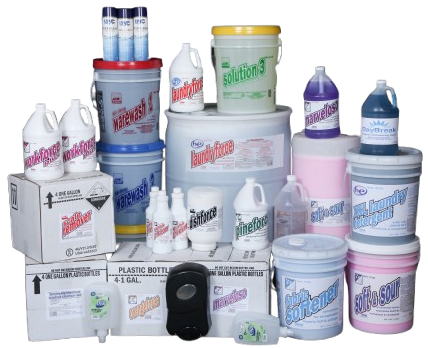 Assorted chemical bottles cans and buckets stacked in a product display, with a black dispenser in front.