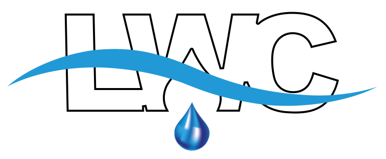 LWC logo in black with a blue wave and a blue water droplet beneath it