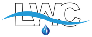 LWC logo in black with a blue wave and a blue water droplet beneath it