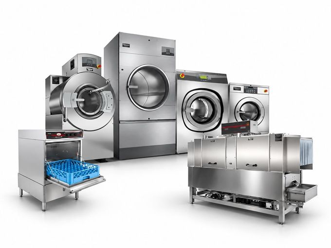 Commercial laundry machines in stainless steel, including washers and dryers, on a white background