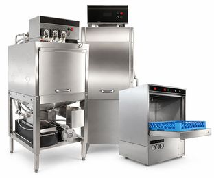 Three stainless steel industrial machines with digital controls, one dispensing blue trays on a white background