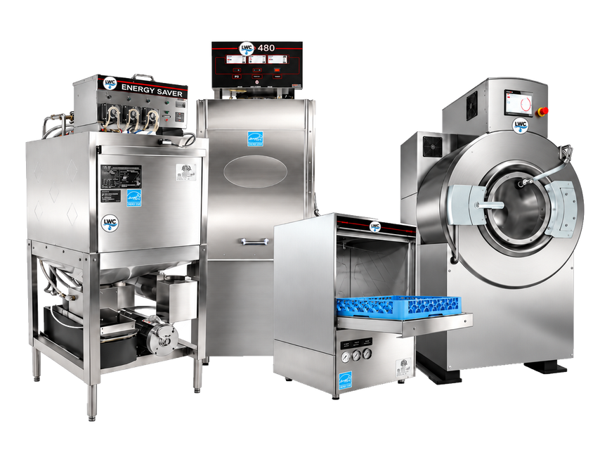 Three stainless steel industrial machines with blue conveyors on a white background