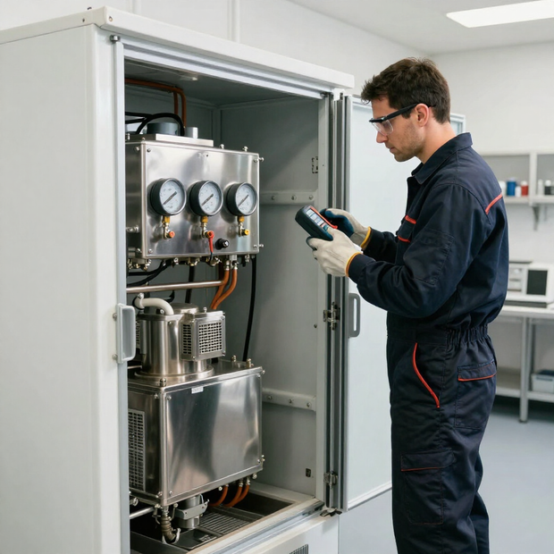 Technician servicing commercial refrigeration