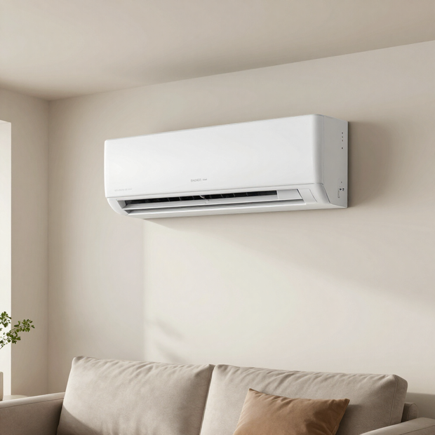 Ductless mini split indoor unit on a living room wall