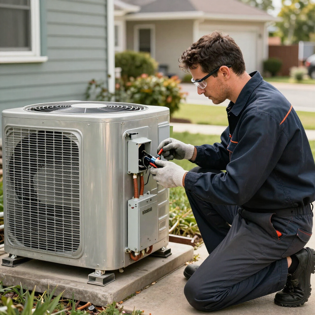Technician repairing a residential air conditioner