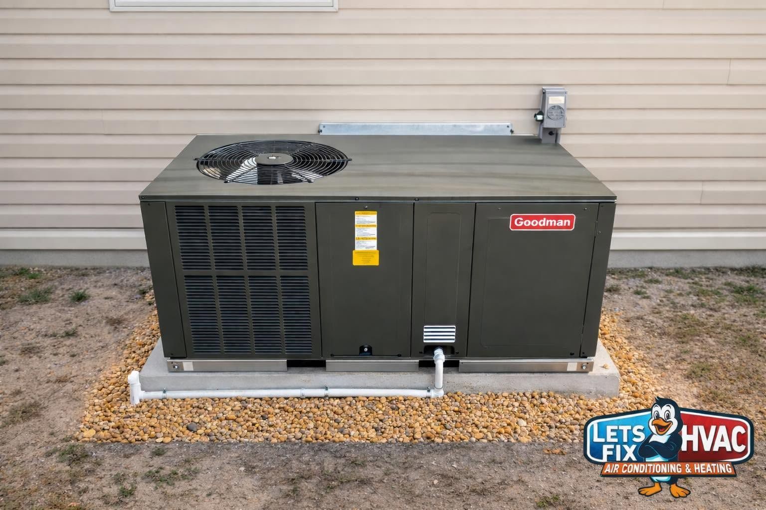 Outdoor Goodman HVAC unit beside a house, with a fan and vented side panels on a concrete pad.
