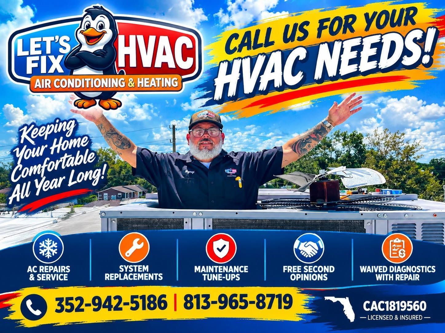 HVAC service ad with smiling technician, house roof, and text: βCall us for your HVAC needs!β