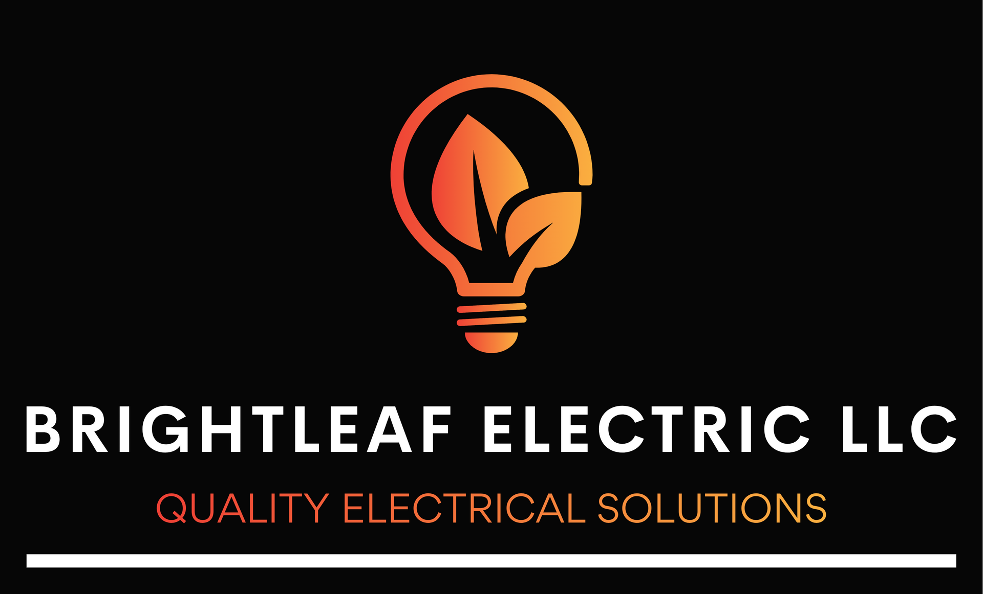 Logo for Brightleaf Electric LLC, featuring a lightbulb with leaves inside, in orange and white against a black background.