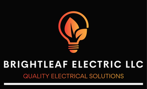 Logo for Brightleaf Electric LLC, featuring a lightbulb with leaves inside, in orange and white against a black background.