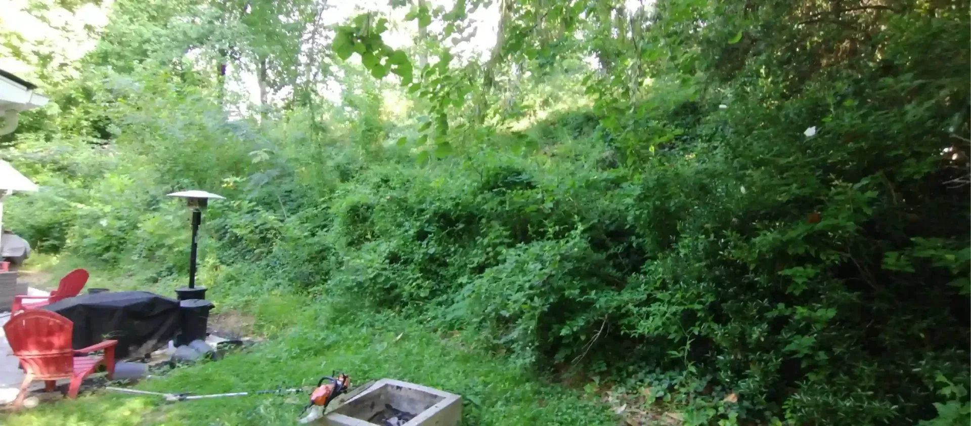 A patio with red chairs and a fire pit next to a steeply sloped hillside covered in dense, overgrown green vegetation.