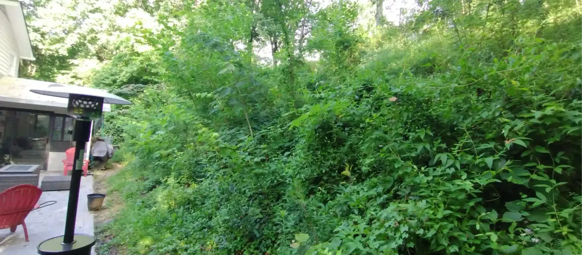 A patio with a space heater next to a large, overgrown hillside covered in dense green shrubs and foliage.
