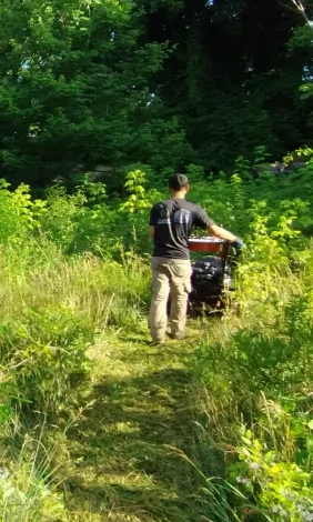 A person uses a brush mower to clear tall weeds and brush in a residential backyard next to a wooden fence. A person uses a brush mower to clear tall weeds and brush in a residential backyard next to a wooden fence.