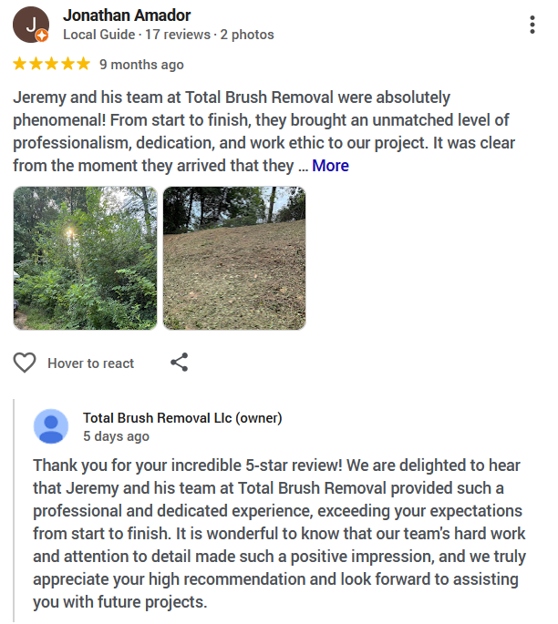 Social media review praising Total Brush Removal’s professional tree service, with two yard photos below