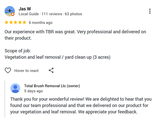 Google review praising TBR Waste for vegetation and leaf removal, with a business reply below
