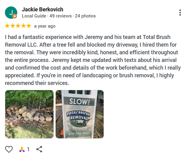 Screenshot of a 5-star review praising Total Brush Removal LLC, with a small photo of brush and a lawn sign below.