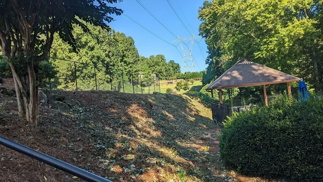 A sunny outdoor scene featuring a thatched-roof gazebo nestled near a sloped, grassy area with trees and power lines.
