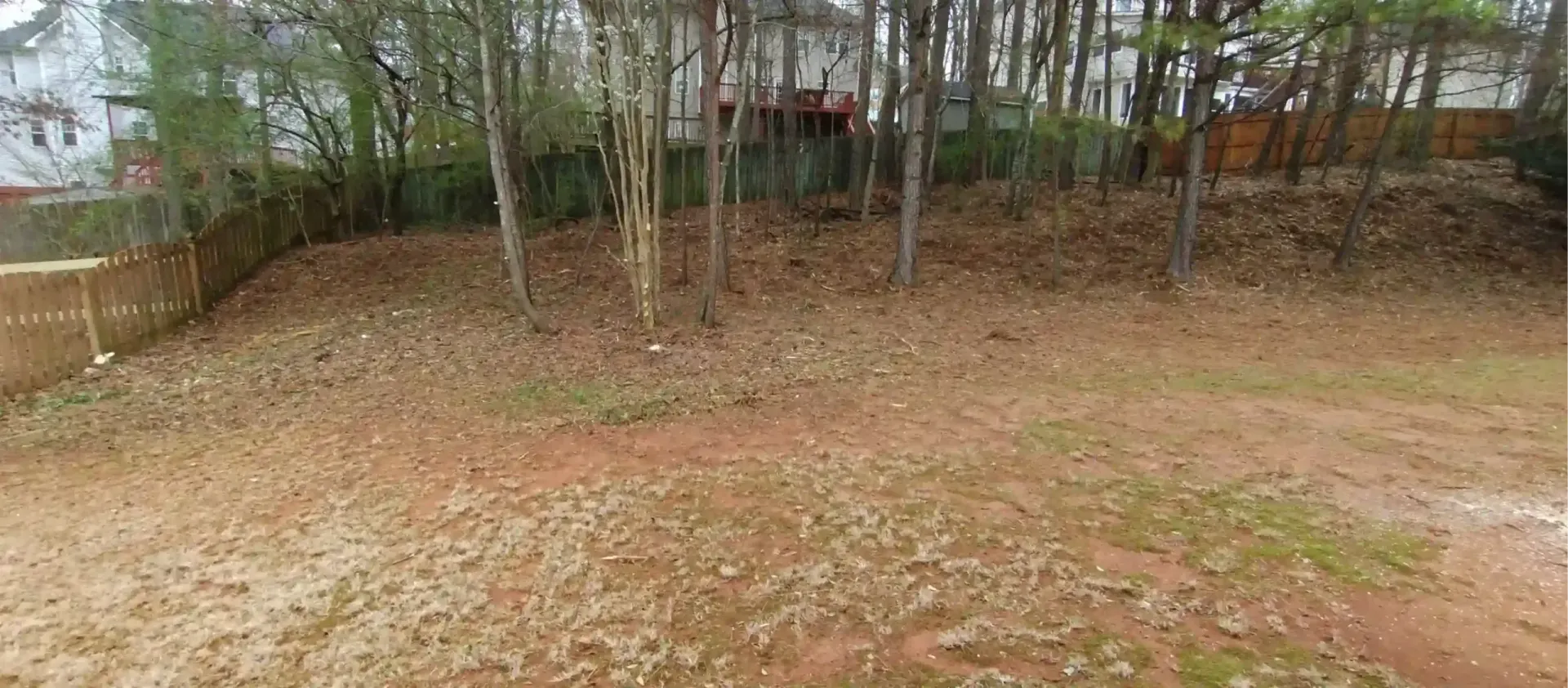 A sloping, dirt-covered backyard with scattered dried leaves and a line of trees in the background behind a wooden fence.