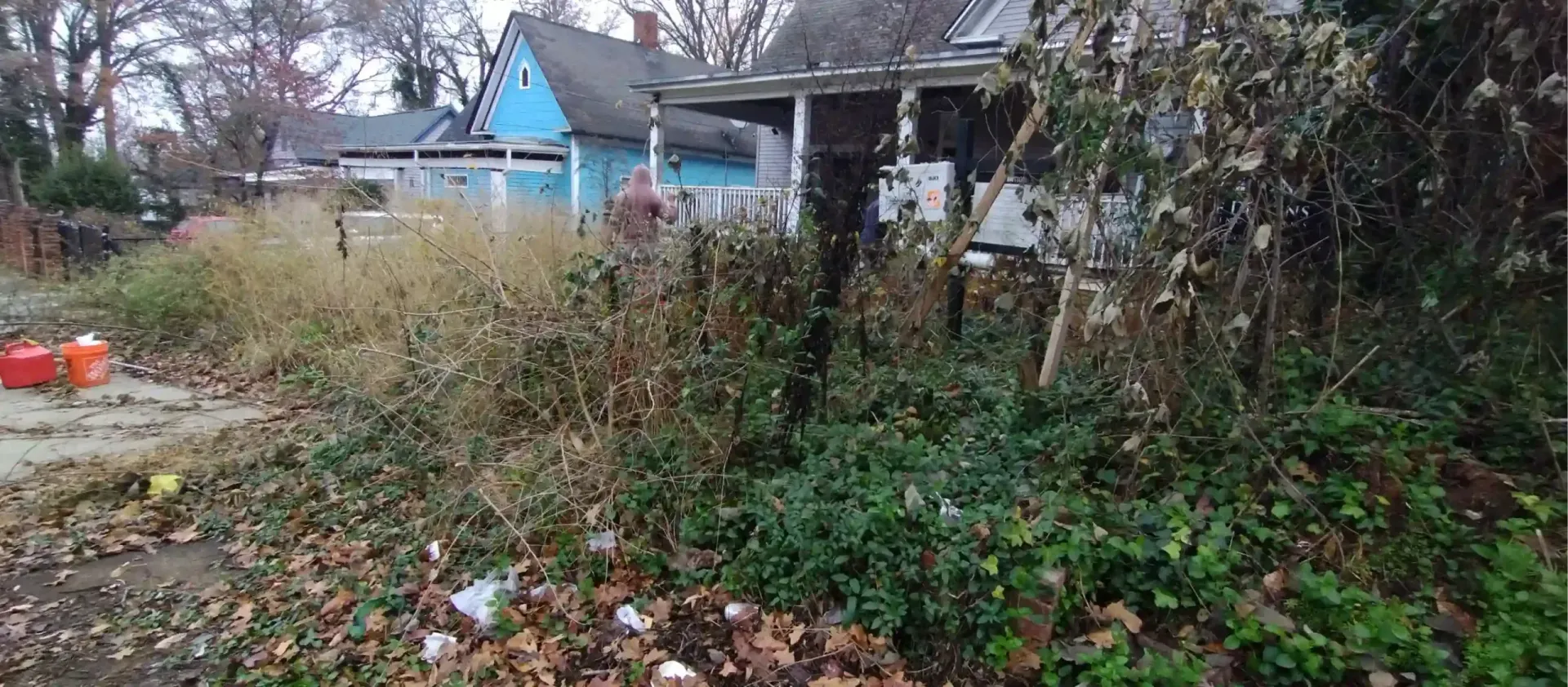 A suburban yard with overgrown grass and foliage leads to a small, weathered house with a blue exterior.