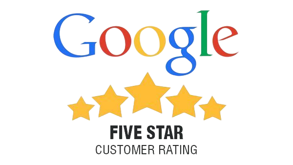 Google logo above five gold stars and the words “Five Star Customer Rating”
