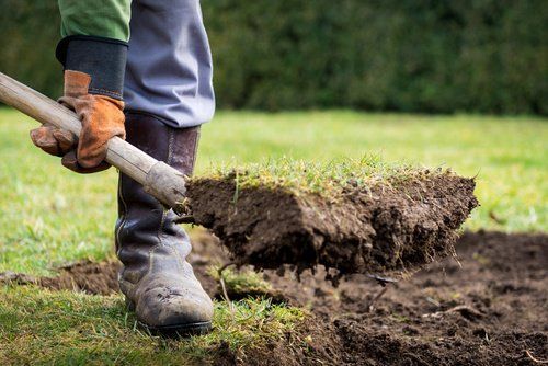 A person in work gloves and boots uses a spade to lift a square block of grass and soil from the ground.