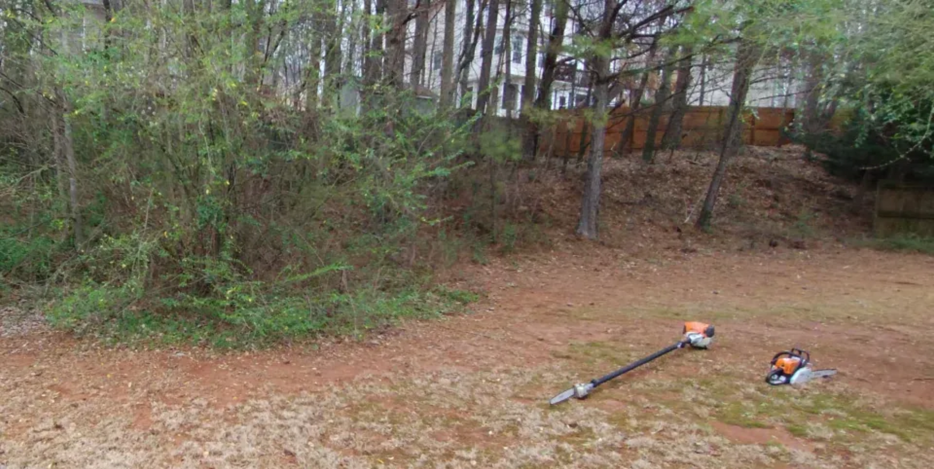 A pole saw and a chainsaw rest on the ground in a yard at the edge of a wooded area.