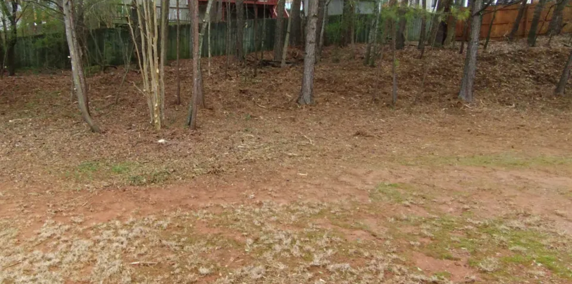 A sloping dirt lot with scattered dead leaves and patches of grass leading up to a wooded area with mature trees.