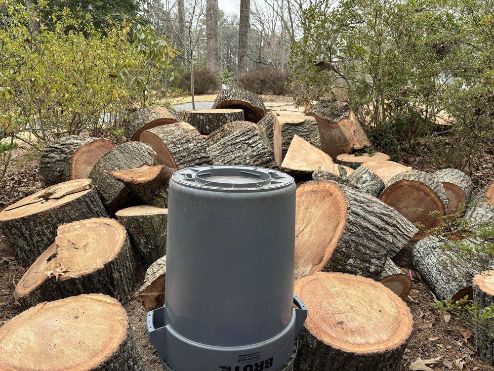 A gray trash can sits upside down in the center of a pile of chopped wood logs outdoors.