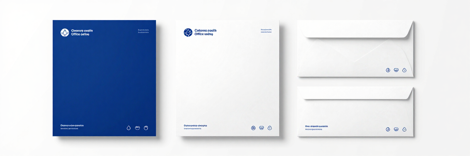 Tres tarjetas y sobres minimalistas en azul, blanco y gris con pequeños logotipos.