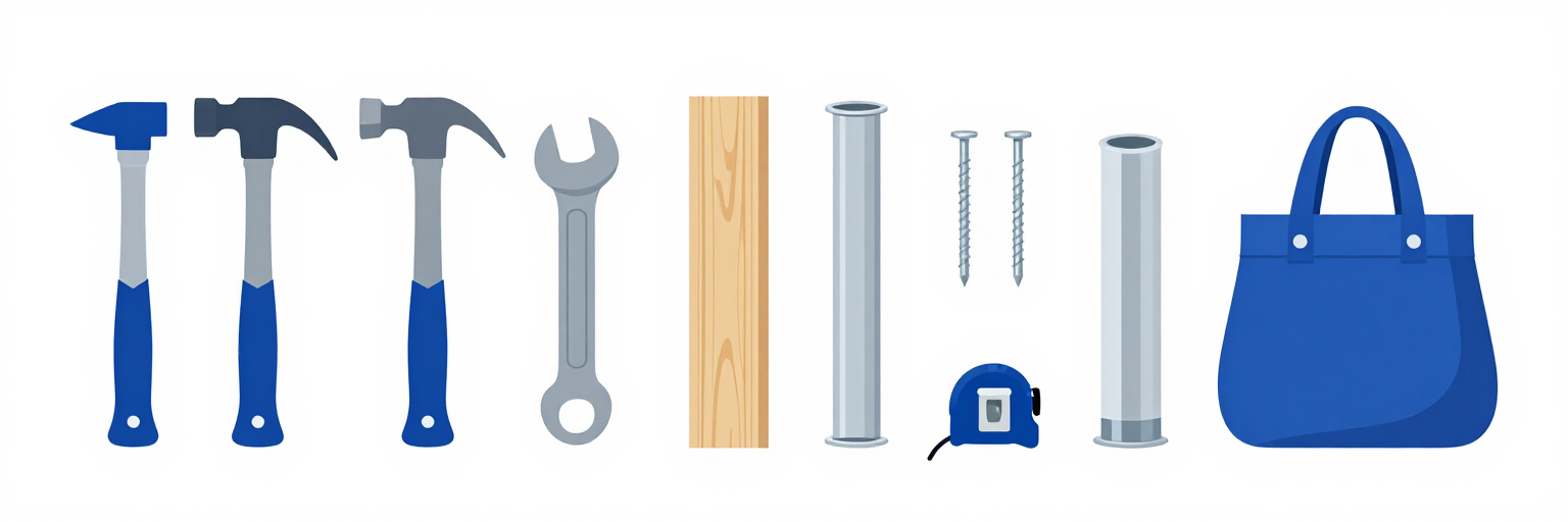 Martillo azul y gris, llave inglesa, madera, clavos, taladro y bolsa de herramientas azul sobre fondo blanco